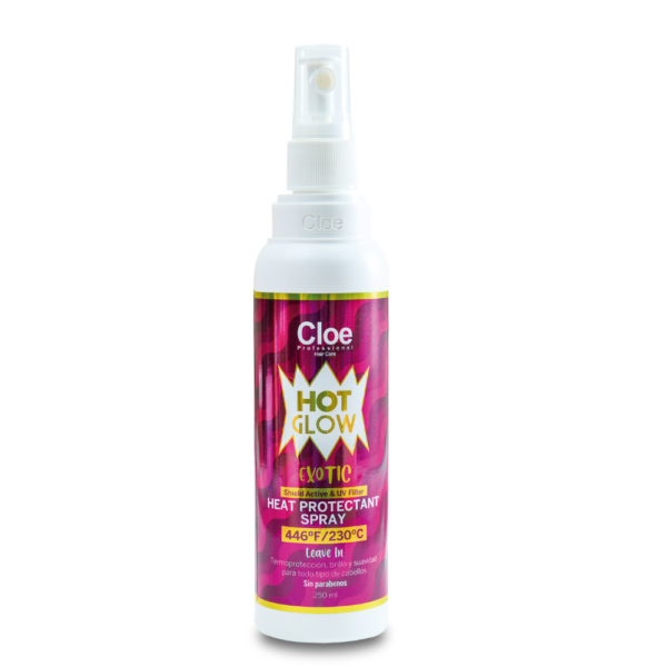 Botella de Cloe Hot Glow Exotic Heat Protectant Spray de 250 ml, imagen recortada sobre fondo blanco, destacando etiqueta color fucsia con detalles dorados.