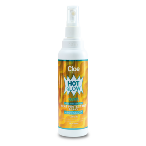 Botella de Spray Protector Térmico Hot Glow Sunny de Cloe Professional sobre fondo blanco.