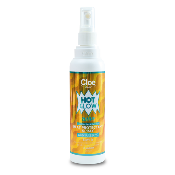 Botella de Spray Protector Térmico Hot Glow Sunny de Cloe Professional sobre fondo blanco.