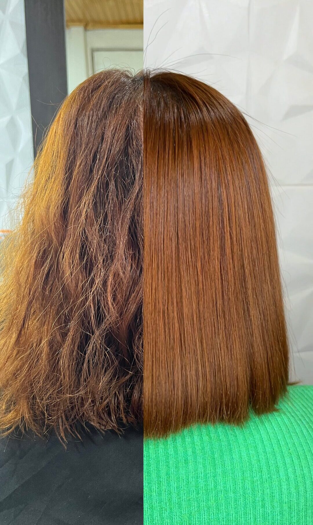 Antes y después de un alisado permanente en cabello dañado y encrespado.