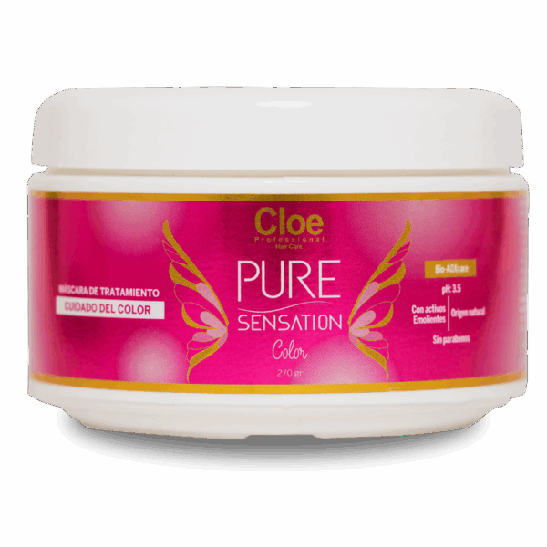 Tarro de Máscara Capilar Cloe Pure Sensation Color, ideal para nutrir y proteger el color del cabello teñido.