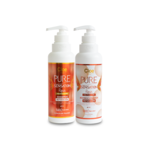 Botellas de shampoo y acondicionador de 1L Pure Sensation Repair de Cloe Professional, ideales para restaurar y fortalecer el cabello dañado.