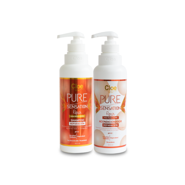 Botellas de shampoo y acondicionador Pure Sensation Repair de Cloe Professional, ideales para restaurar y fortalecer el cabello dañado.