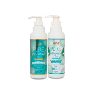 Botellas de shampoo y acondicionador Pure Sensation Clear de Cloe Professional, mostrando su fórmula hidratante y sin parabenos.