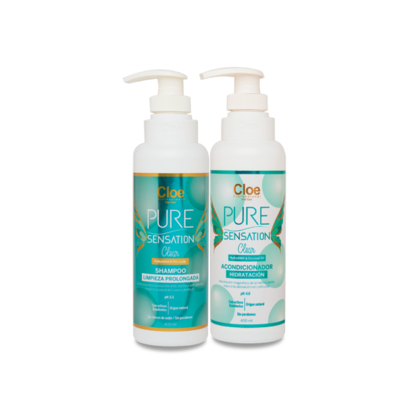 Botellas de shampoo y acondicionador Pure Sensation Clear de Cloe Professional, mostrando su fórmula hidratante y sin parabenos.