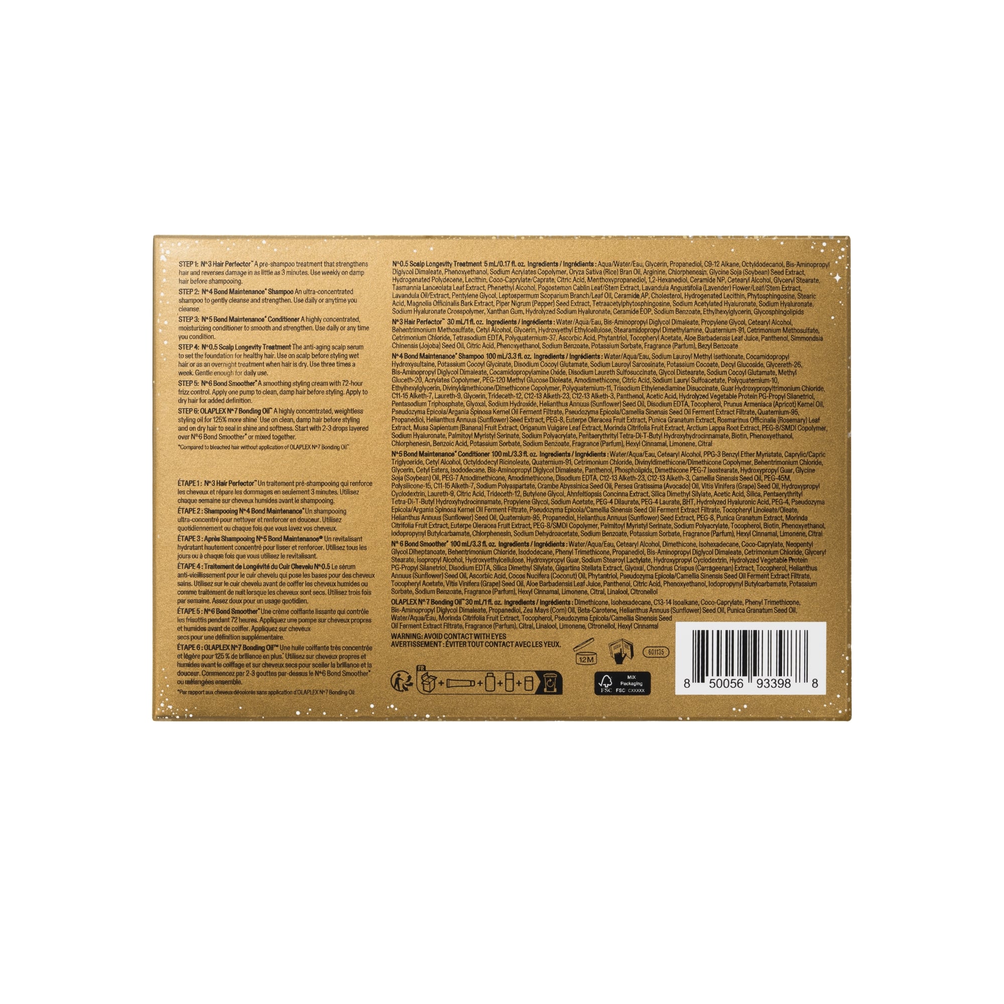 Reverso de la caja del kit Olaplex The Full-On Shine Set con la lista completa de ingredientes e instrucciones de uso.