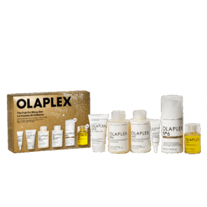 Contenido del kit Olaplex The Full-On Shine Set, mostrando la caja y los productos Nº.3, Nº.4, Nº.5, Nº.6 y Nº.7 por separado.