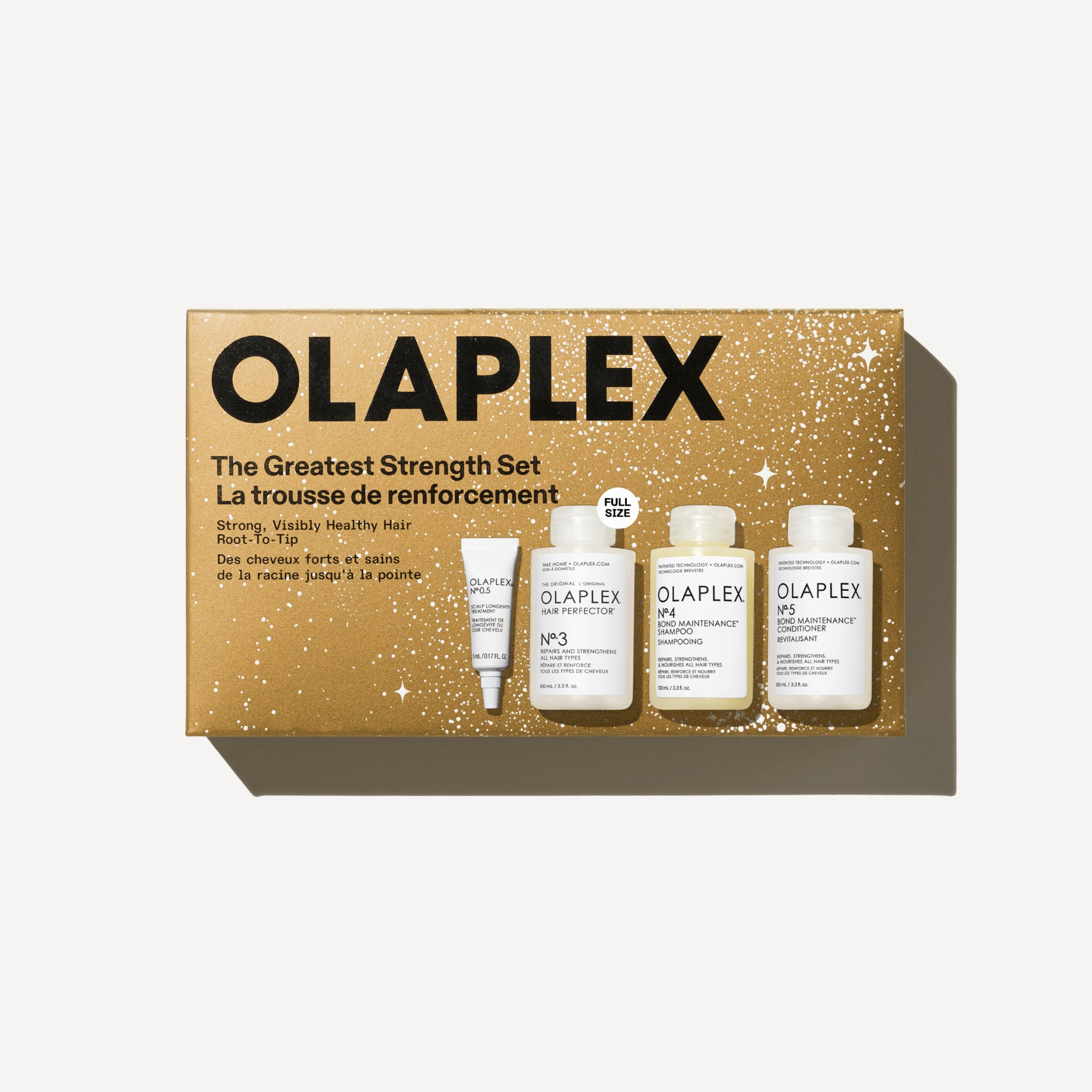 it de regalo Olaplex The Greatest Strength Set con los productos Nº.0, Nº.3, Nº.4 y Nº.5 para fortalecer y reparar el cabello.