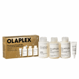 Contenido completo del kit Olaplex The Greatest Strength Set, mostrando la caja y los productos Nº.0, Nº.3, Nº.4 y Nº.5 por separado.