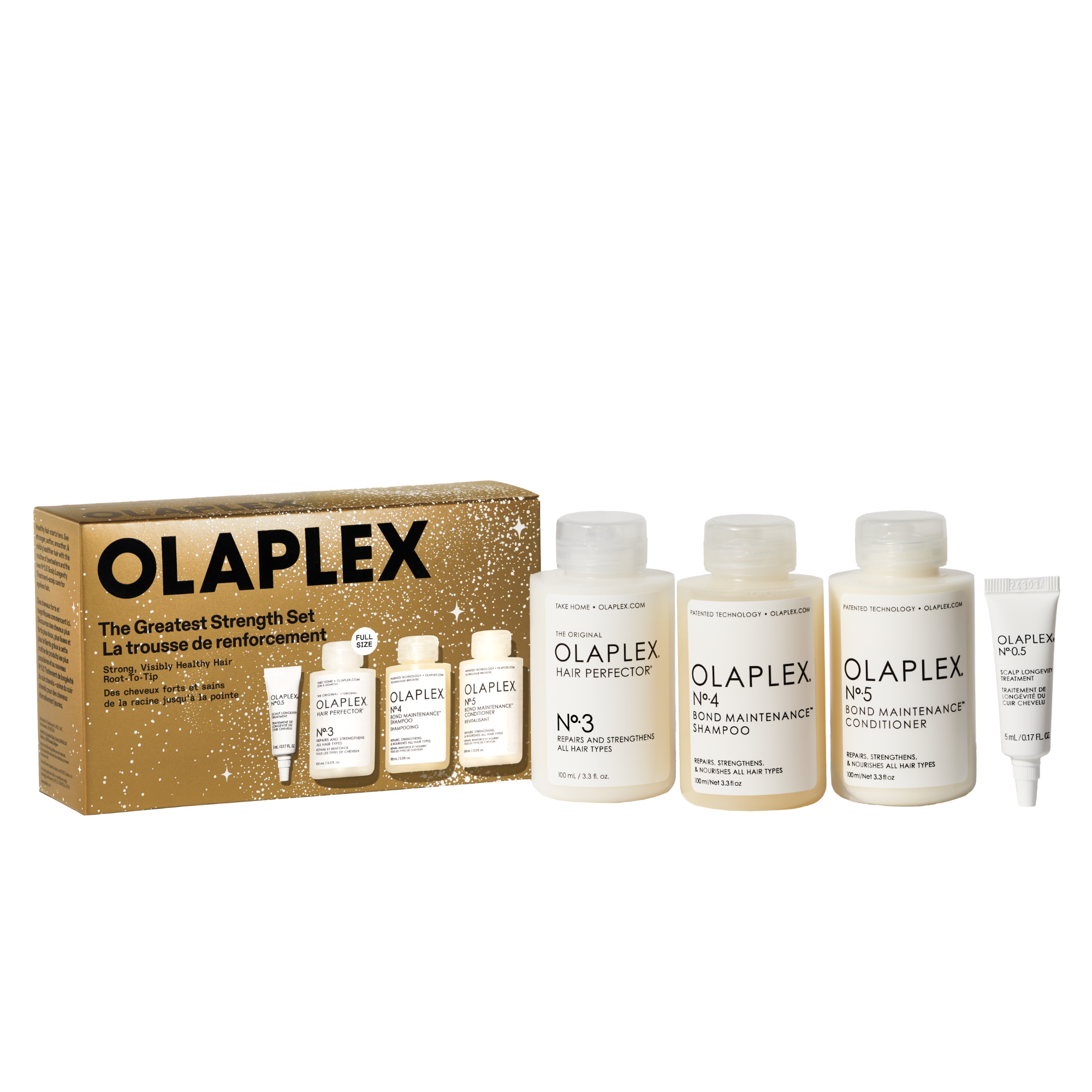 Contenido completo del kit Olaplex The Greatest Strength Set, mostrando la caja y los productos Nº.0, Nº.3, Nº.4 y Nº.5 por separado.