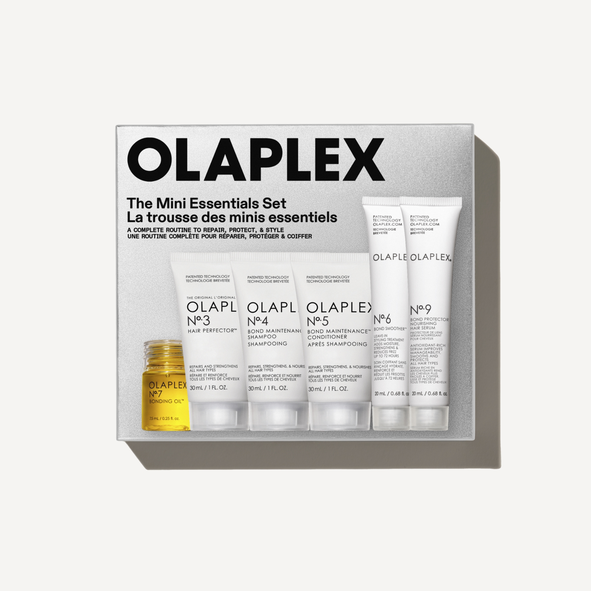 kit de viaje Olaplex The Mini Essentials Set con los productos Nº.3, Nº.4, Nº.5, Nº.6, Nº.7 y Nº.9 en formato mini.
