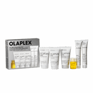 Contenido completo del kit Olaplex The Mini Essentials Set, mostrando la caja y los productos Nº.3, Nº.4, Nº.5, Nº.6, Nº.7 y Nº.9 por separado.