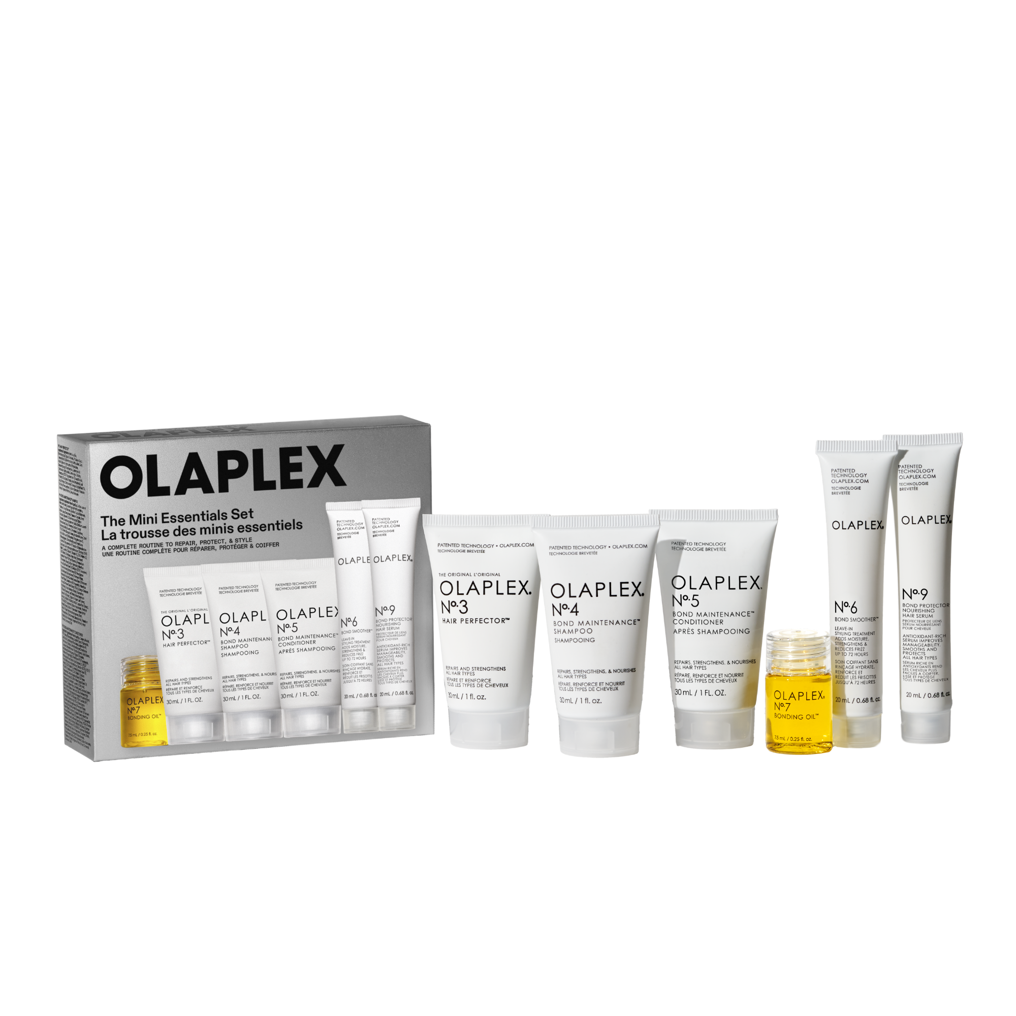 Contenido completo del kit Olaplex The Mini Essentials Set, mostrando la caja y los productos Nº.3, Nº.4, Nº.5, Nº.6, Nº.7 y Nº.9 por separado.