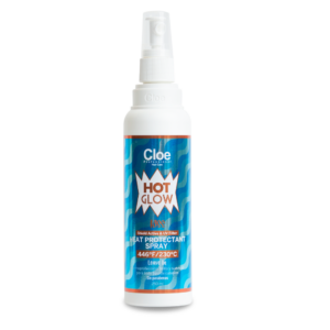 Botella de spray protector térmico para el cabello Hot Glow KISS de la marca Cloe, con capacidad de 250 ml, fondo blanco.