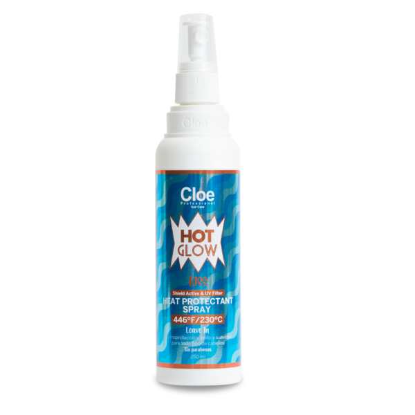 Botella de spray protector térmico para el cabello Hot Glow KISS de la marca Cloe, con capacidad de 250 ml, fondo blanco.