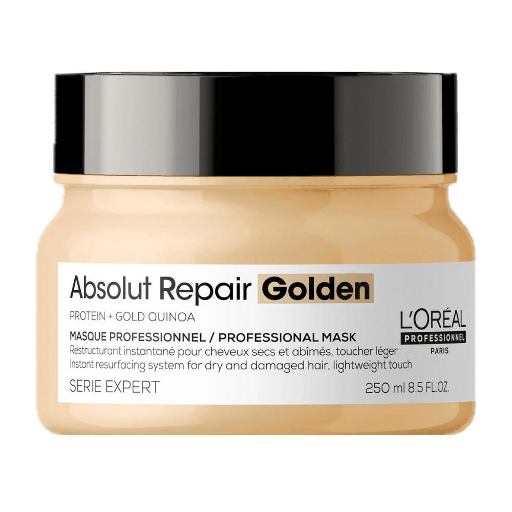 Mascarilla L'Oréal Professionnel Absolut Repair Golden con quinoa dorada para reparar cabello seco y dañado.