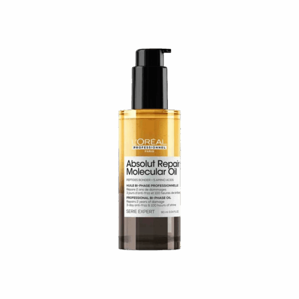 Aceite capilar L'Oréal Absolut Repair Molecular con péptidos para reparar el cabello dañado y controlar el frizz.