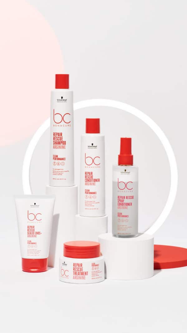 Gama completa de productos Schwarzkopf Bonacure Repair Rescue , incluyendo shampoo, acondicionador, tratamientos, etc.