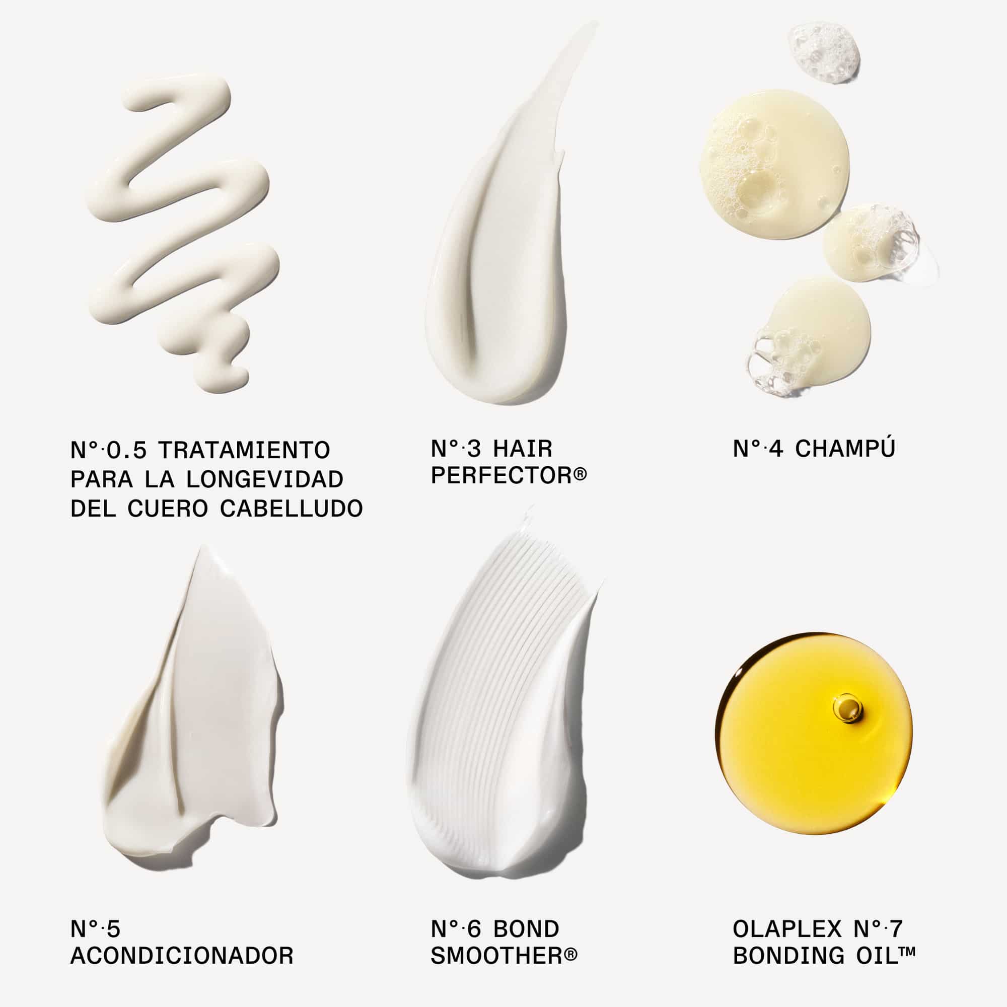 Muestras de las texturas de los productos Olaplex: Nº.3 Hair Perfector, Nº.4 Champú, Nº.5 Acondicionador, Nº.6 Bond Smoother y Nº.7 Bonding Oil.