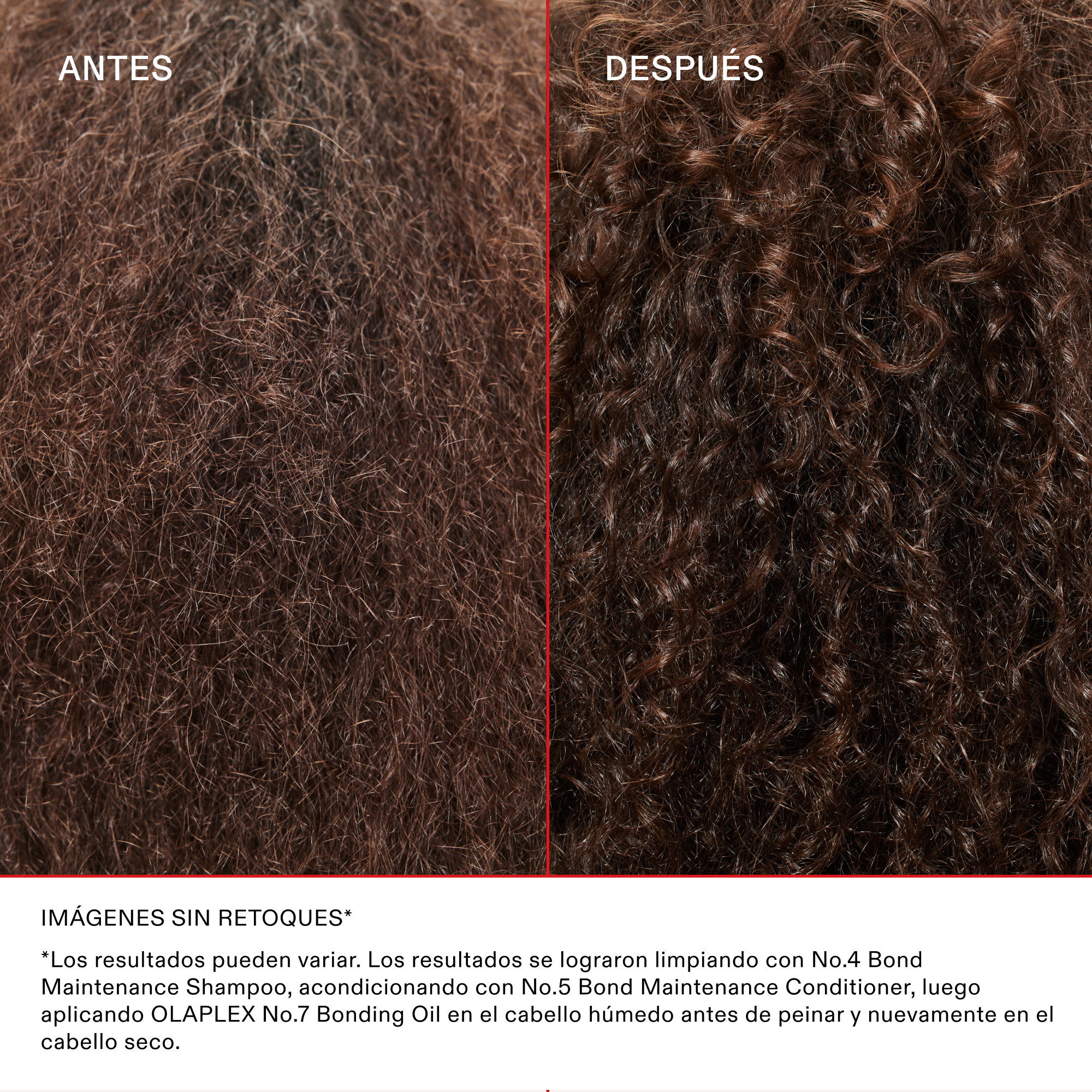 omparativa de antes y después en cabello rizado tipo afro, mostrando rizos más definidos y menos frizz tras usar la rutina Olaplex Nº.4, Nº.5 y Nº.7.