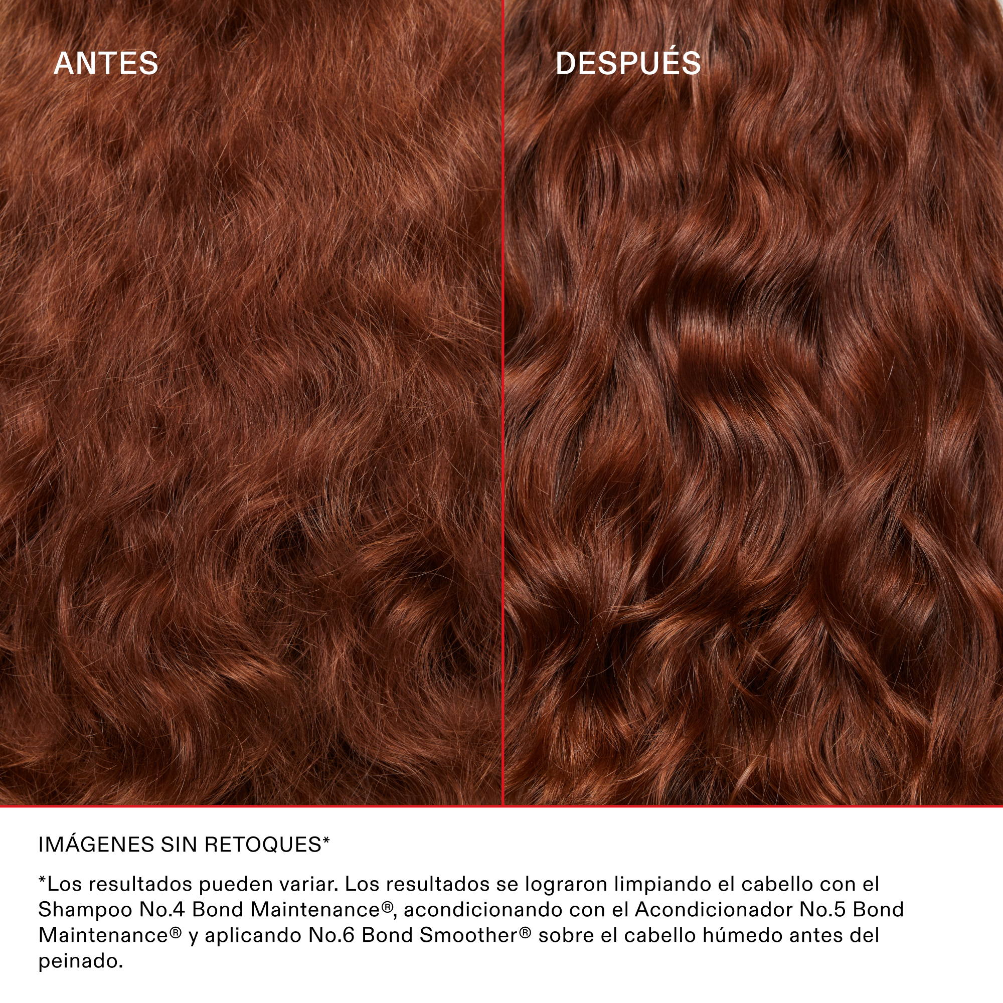 Comparativa de antes y después en cabello ondulado rojizo, mostrando ondas más suaves y controladas después de usar Olaplex Nº.4, Nº.5 y Nº.6.
