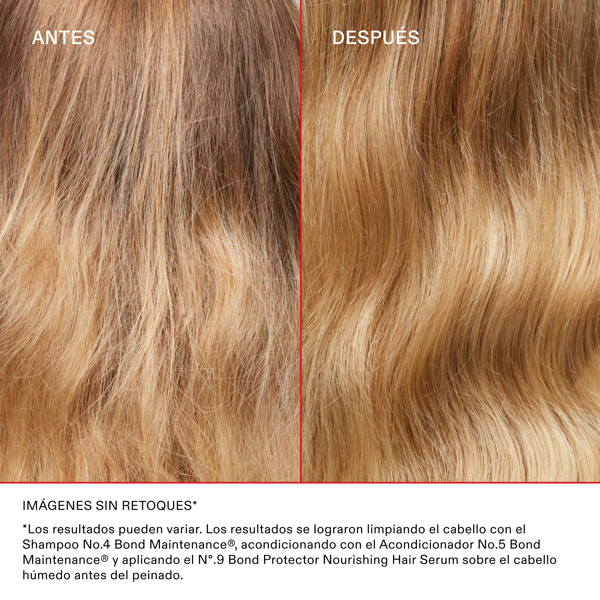 Comparativa de antes y después en cabello rubio y dañado, que luce más sano, suave y brillante tras la rutina de Olaplex.