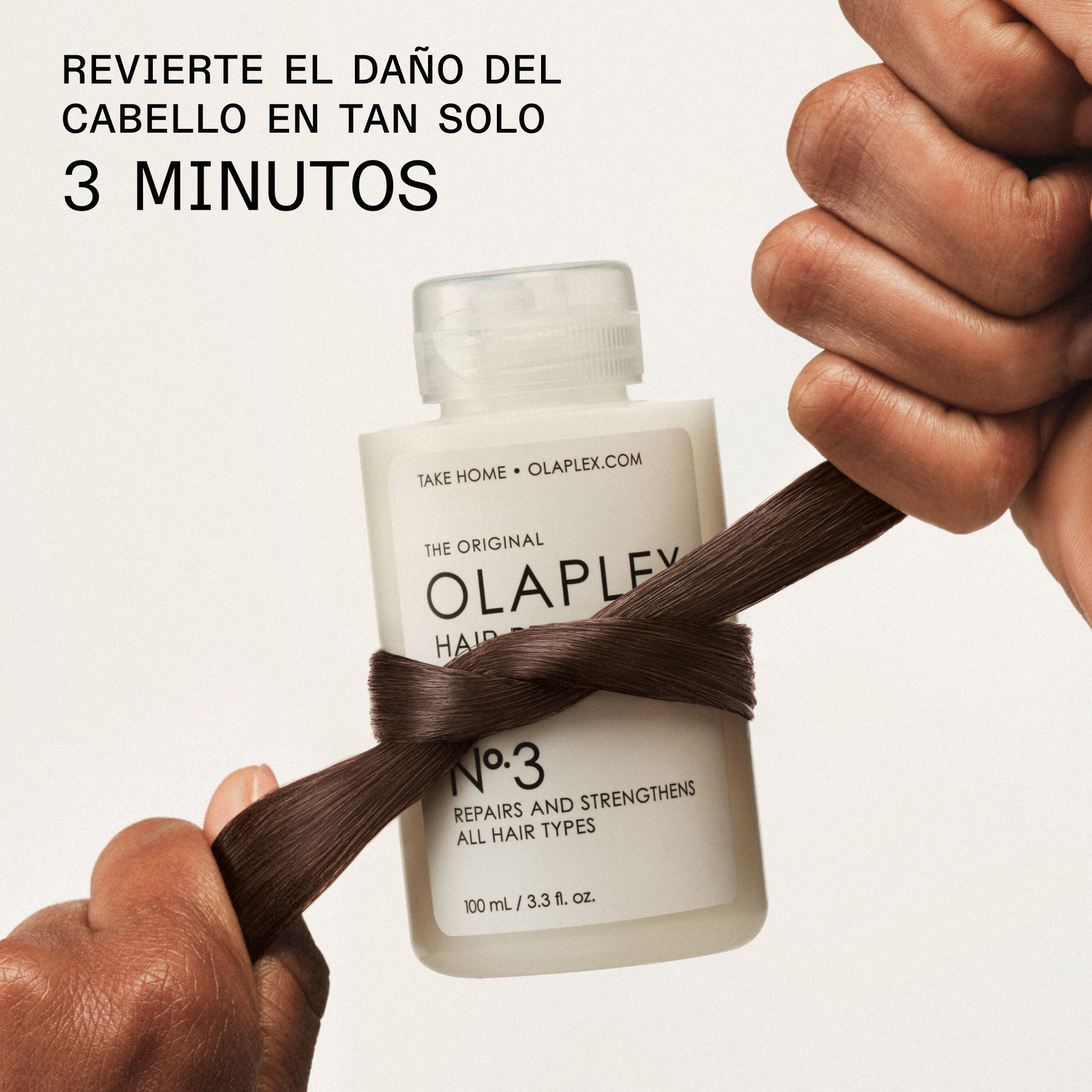 Olaplex Nº.3 Hair Perfector reparando un mechón de cabello dañado con el texto "Revierte el daño del cabello en tan solo 3 minutos".