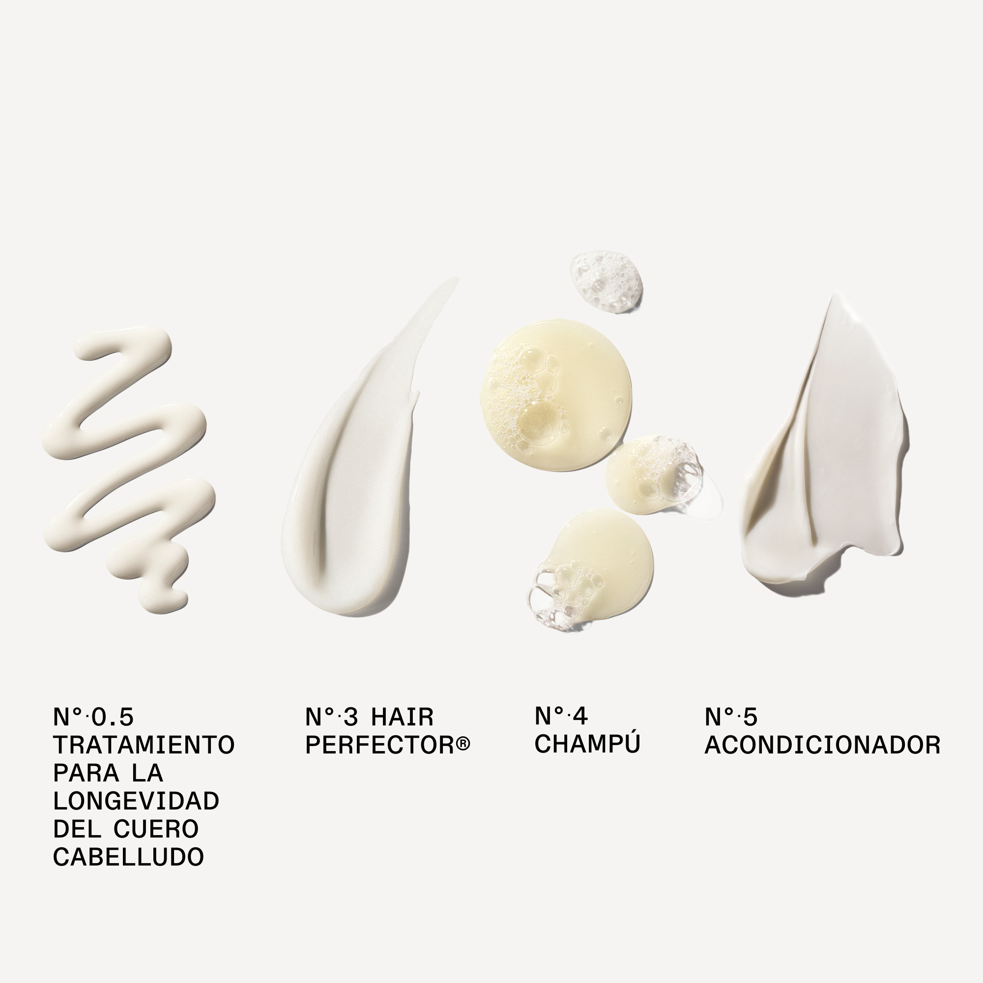 Muestras de las texturas de los productos del kit Olaplex: tratamiento Nº.0.5, Hair Perfector Nº.3, champú Nº.4 y acondicionador Nº.5.