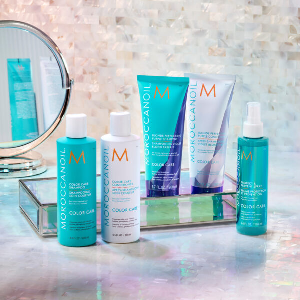 Set Moroccanoil Color Care con Blonde Perfecting y spray Protect & Prevent