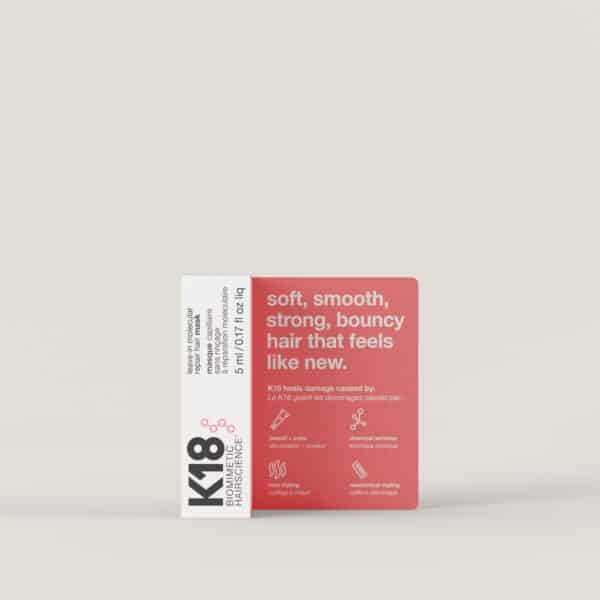 Mascarilla de reparación molecular K18 de 5ml en su caja sobre un fondo gris