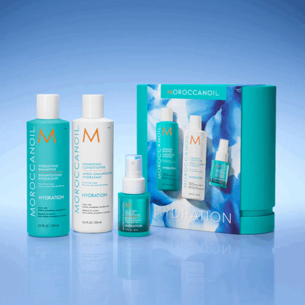 Pack Moroccanoil hidratante edición limitada con fondo azul