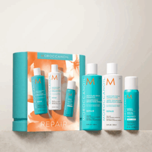 Set Spring Reparación Moroccanoil con shampoo, acondicionador, mascarilla restauradora y sachet corporal.