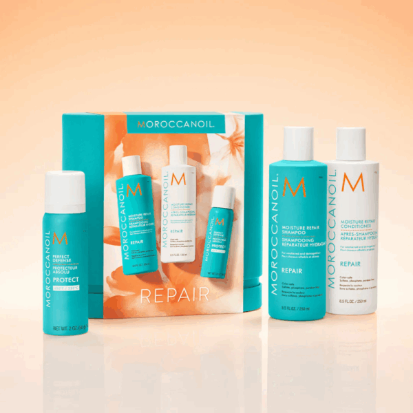 Set Spring Reparación Moroccanoil edición limitada con fondo cálido.