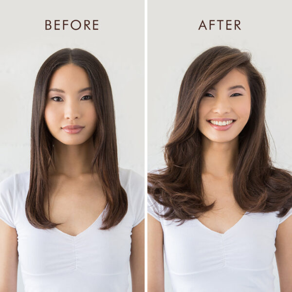 Modelo antes y después de usar Moroccanoil Leave In Conditioner con un look voluminoso y brillante.