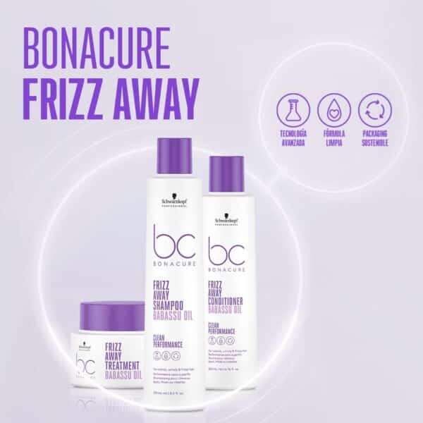 Gama completa de productos Schwarzkopf Bonacure Frizz Away, incluyendo shampoo, acondicionador, tratamientos, etc.