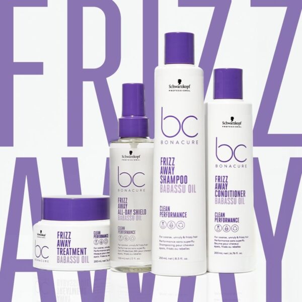 Gama completa de productos Schwarzkopf Bonacure Frizz Away, incluyendo shampoo, acondicionador, tratamientos, etc.