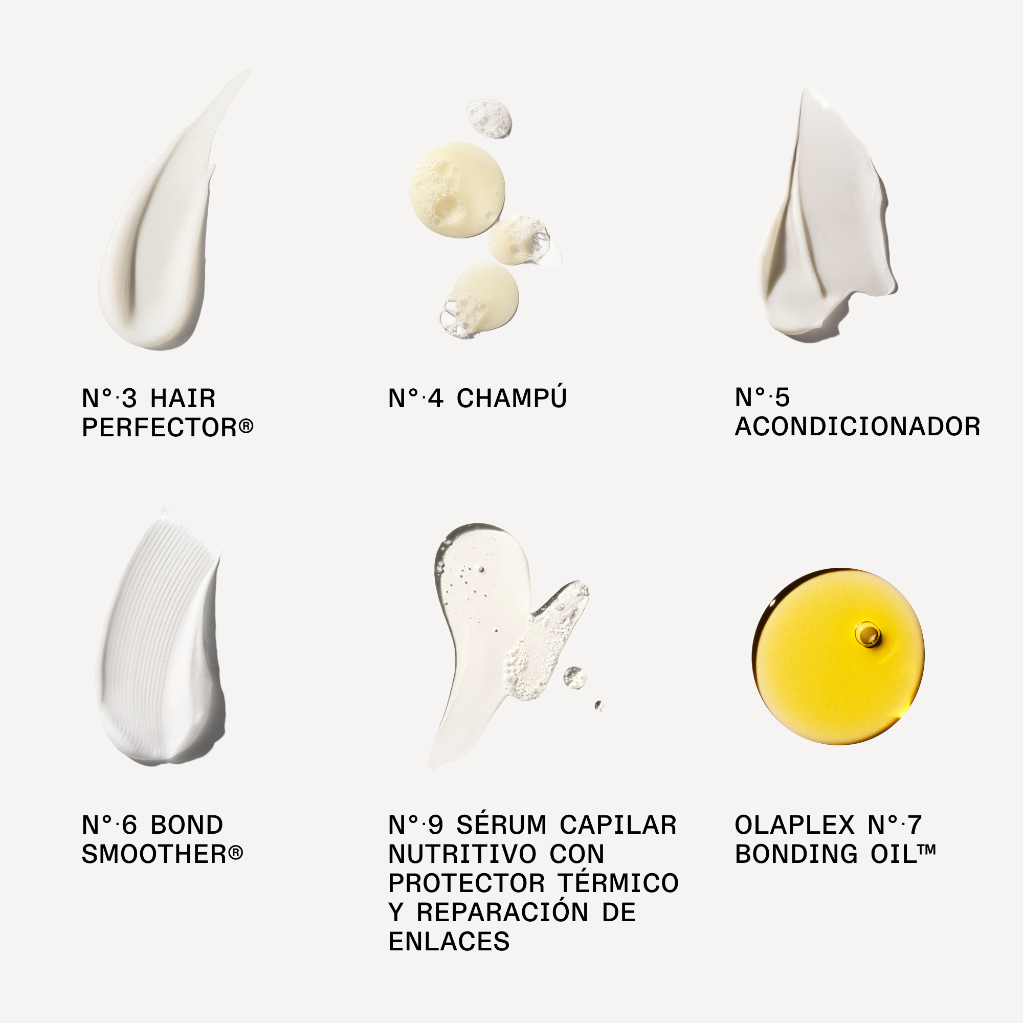 Muestras de las texturas de los 6 productos del kit Olaplex Mini Essentials: cremas, champú, sérum y aceite.