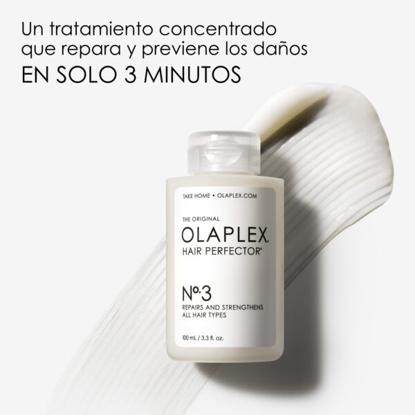 Envase Olaplex Nº3 sobre fondo con crema blanca y texto que destaca reparación en solo 3 minutos