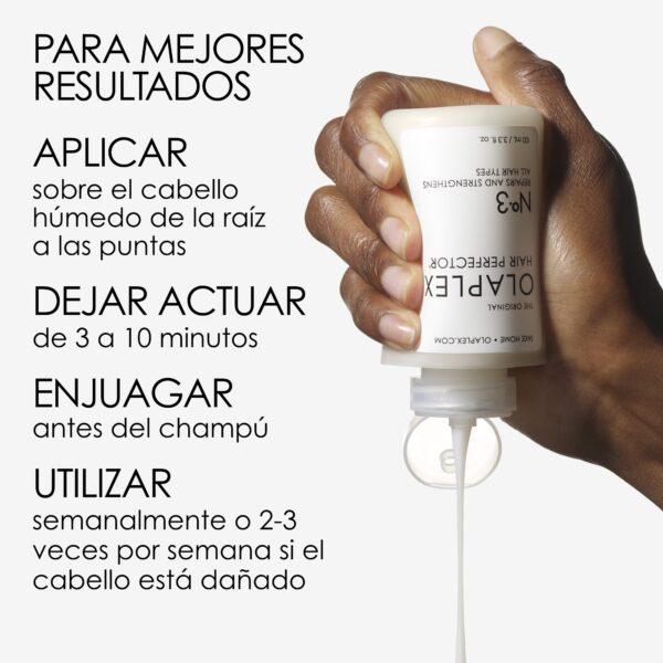 Instrucciones de aplicación del tratamiento reparador Olaplex No. 3: aplicar, dejar actuar y enjuagar.