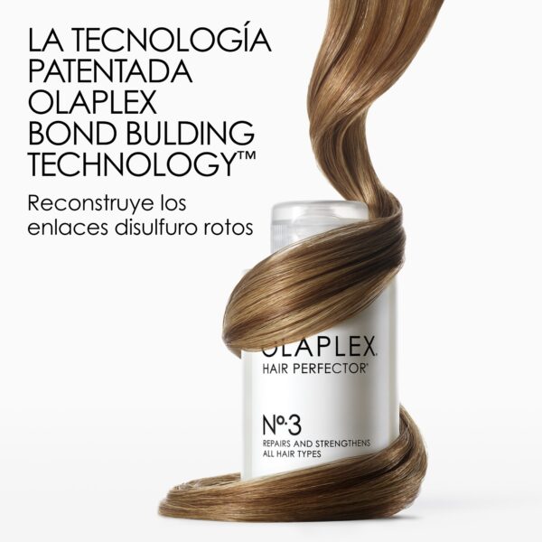 Frasco de Olaplex No.3 Hair Perfector con su tecnología patentada Bond Building que repara enlaces disulfuro rotos.