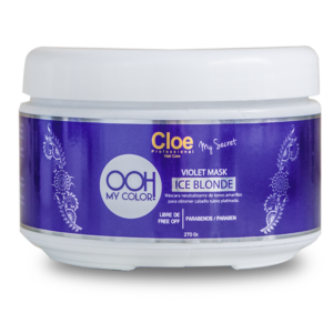 Envase de mascarilla capilar Cloe OOH My Color Violet Mask Ice Blonde de 270 gramos, con tapa blanca y etiqueta morada, sobre fondo blanco.