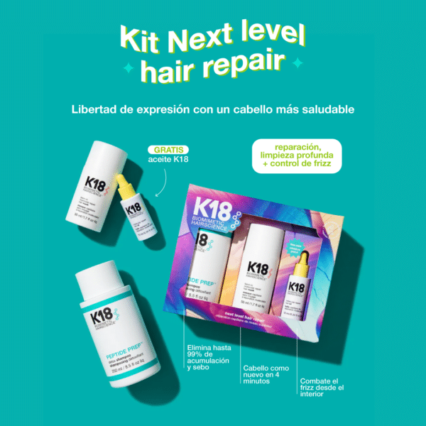 Imagen del kit de reparación capilar K18 Next Level Hair Repair, en un fondo turquesa, que incluye el shampoo detox PEPTIDE PREP™, la mascarilla molecular repair y un mini aceite K18. Ideal para limpieza profunda, reparación y control del frizz. Envase colorido con detalles del producto.