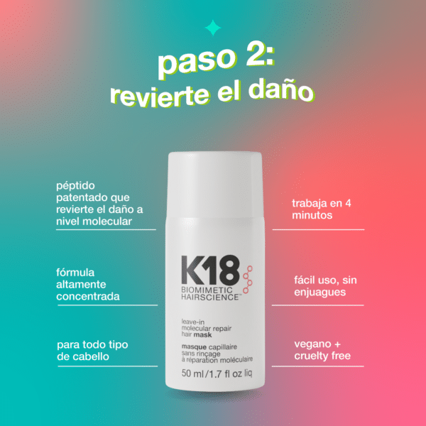 Mascarilla capilar K18 Biomimetic Hairscience leave-in, con fórmula concentrada que repara el daño a nivel molecular en solo 4 minutos. Producto vegano y cruelty free, apto para todo tipo de cabello. Envase blanco con información destacada.