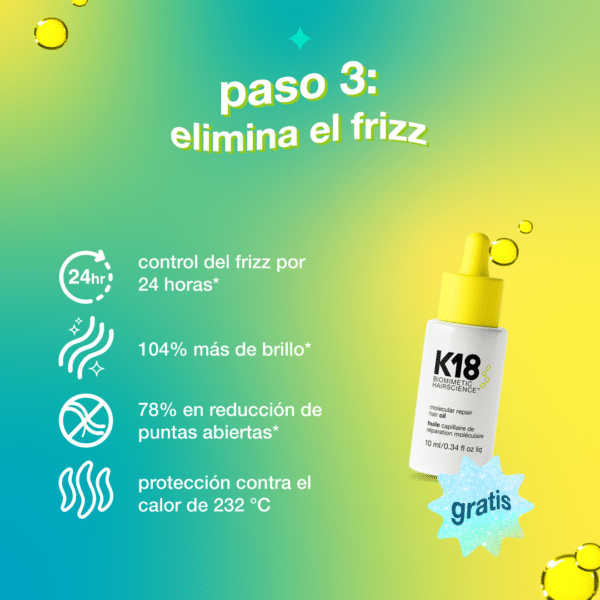 Aceite capilar K18 Biomimetic Hairscience molecular repair hair oil, con beneficios de control del frizz por 24 horas, 104% más de brillo, reducción de puntas abiertas en un 78% y protección térmica hasta 232°C. Producto vegano, presentado con gotero amarillo y fondo degradado verde-amarillo.