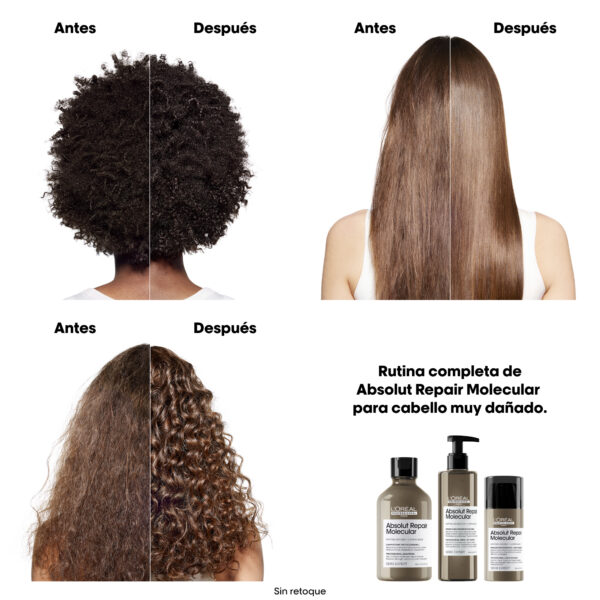Resultados antes y después de usar la rutina Absolut Repair Molecular en distintos tipos de cabello