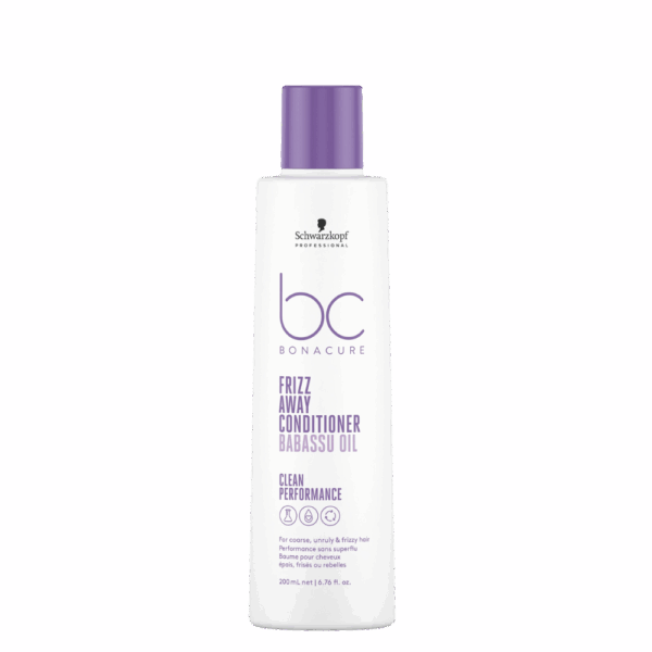 Acondicionador de la marca Schwarzkopf de la línea Frizz Away sobre fondo transparente