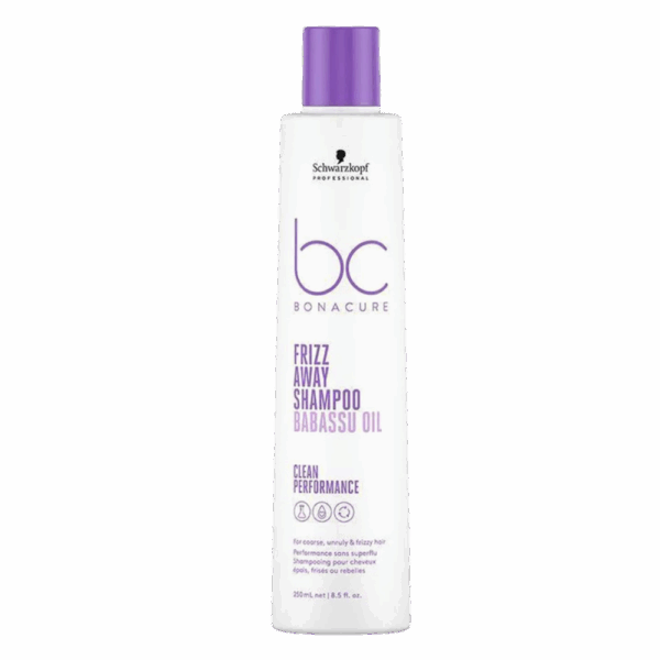 Shampoo de la marca Schwarzkopf de la línea Frizz Away sobre fondo transparente