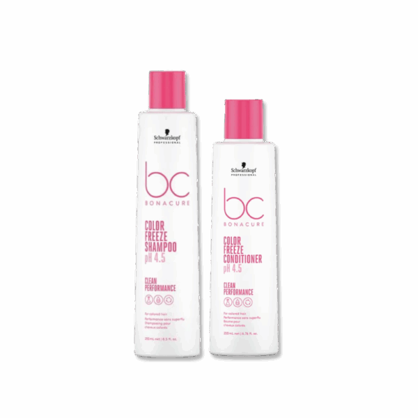 Shampoo y acondicionador de la marca Schwarzkopf de la línea color freeze sobre fondo transparenteShampoo de la marca Schwarzkopf de la línea color freeze sobre fondo transparente