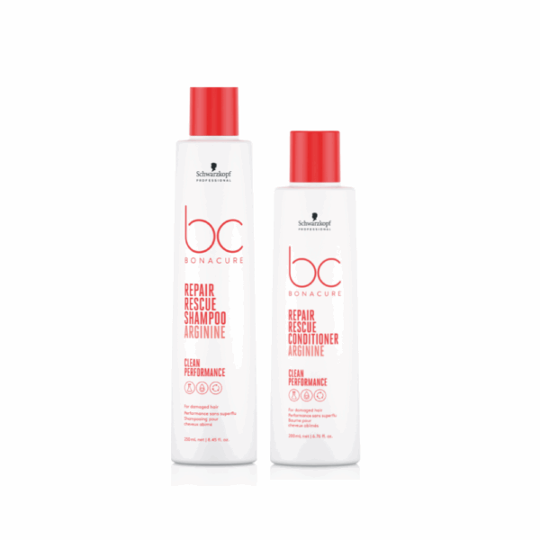 Pack shampoo y acondicionador de la marca Schwarzkopf de la línea repair rescue sobre fondo transparente