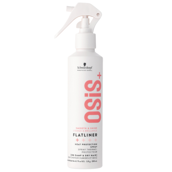 Spray protector térmico OSIS+ Flatliner de Schwarzkopf Professional, 200 ml. Brinda protección térmica hasta 230°C, ayuda a controlar el frizz y reduce la rotura del cabello.